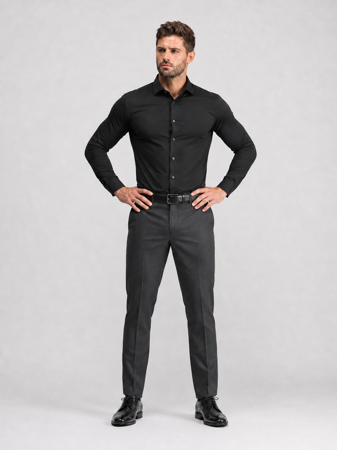 Flex Weave Shirt in Classic Black — closer front view, shirt untucked — image 2 of 6