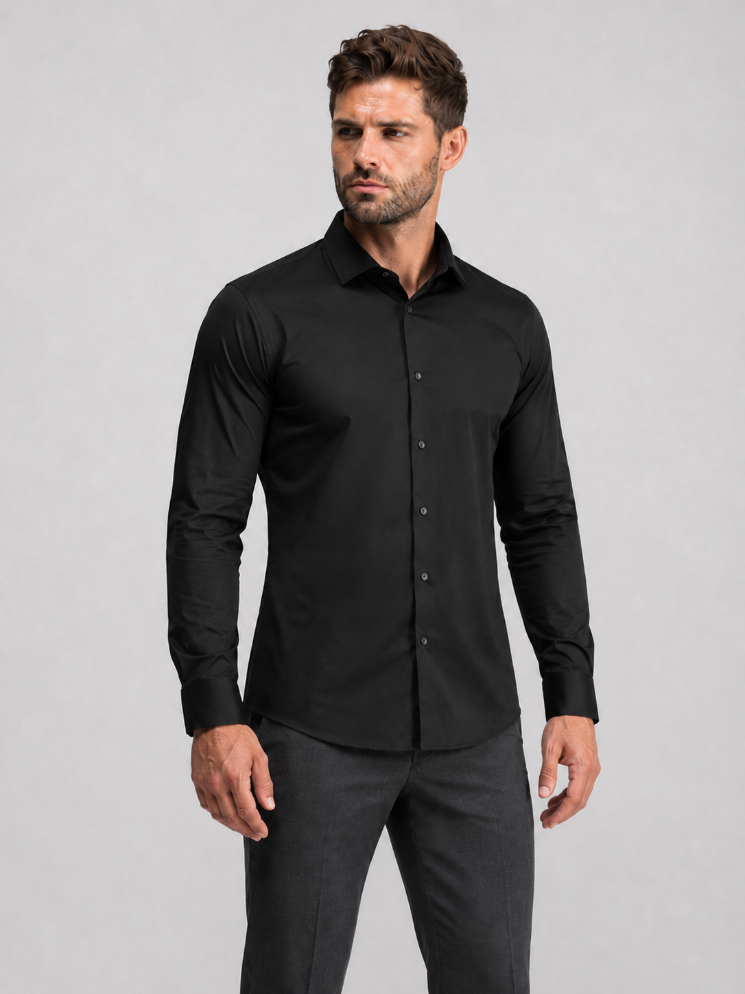 Flex Weave Shirt in Classic Black — front view, hands on hips, shirt tucked with a belt — image 1 of 6