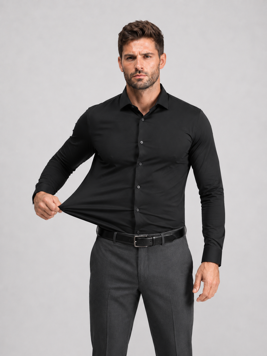 Flex Weave Shirt in Classic Black — stretch demonstration — image 3 of 6