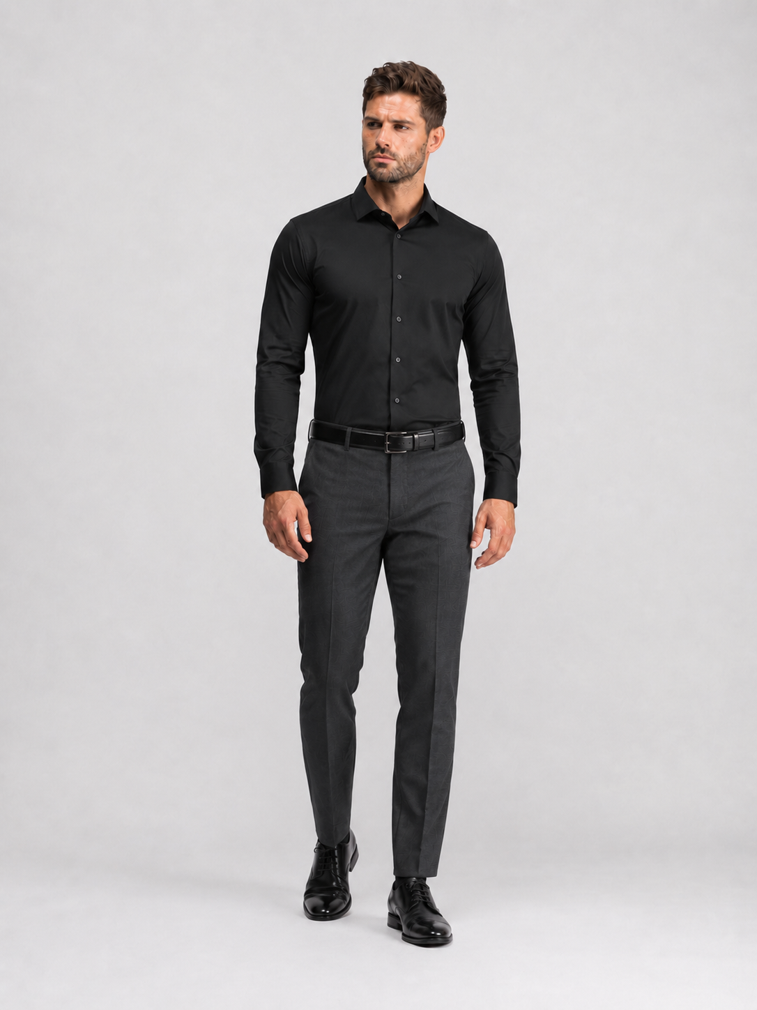 Flex Weave Shirt in Classic Black — full-body front view, shirt tucked with a belt — image 4 of 6