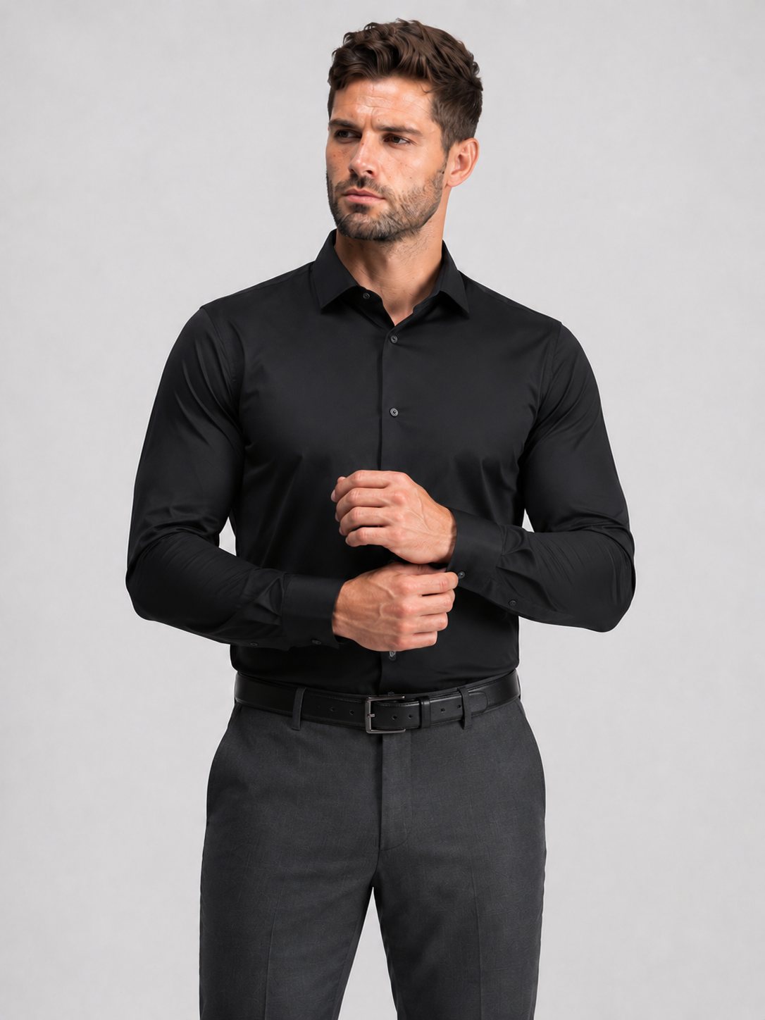 Flex Weave Shirt in Classic Black — collar and cuff detail, shirt tucked with a belt — image 6 of 6