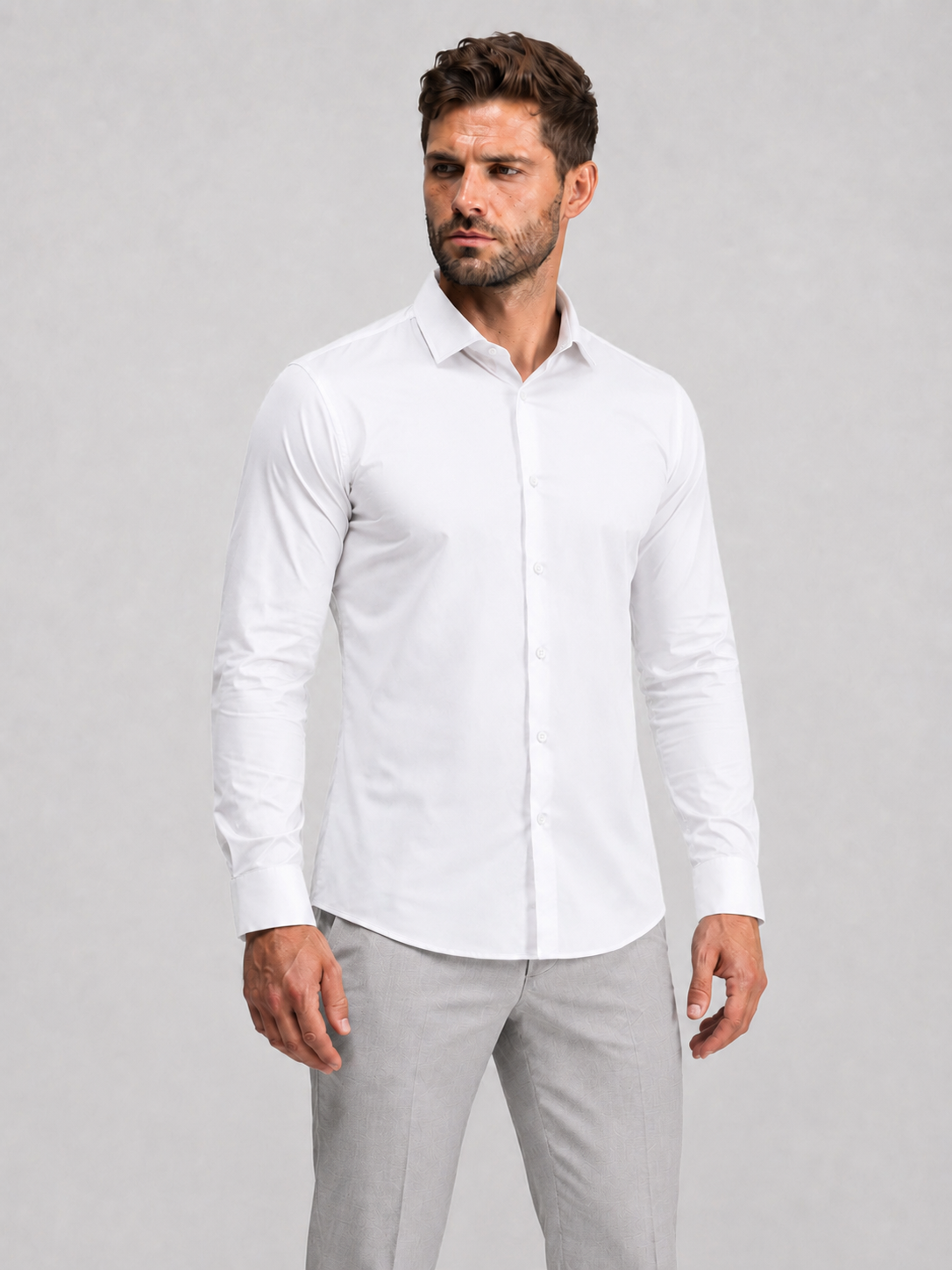 Flex Weave Shirt in Crisp White — front view, hands on hips, shirt tucked with a belt — image 1 of 6