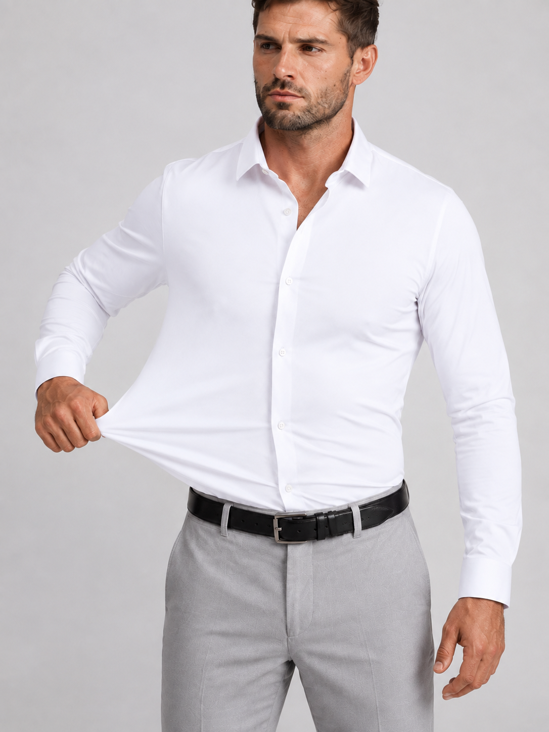 Flex Weave Shirt in Crisp White — stretch demonstration — image 3 of 6