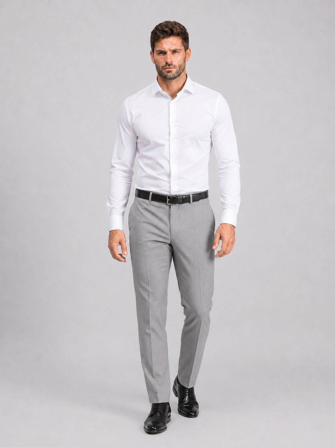 Flex Weave Shirt in Crisp White — full-body front view, shirt tucked with a belt — image 4 of 6