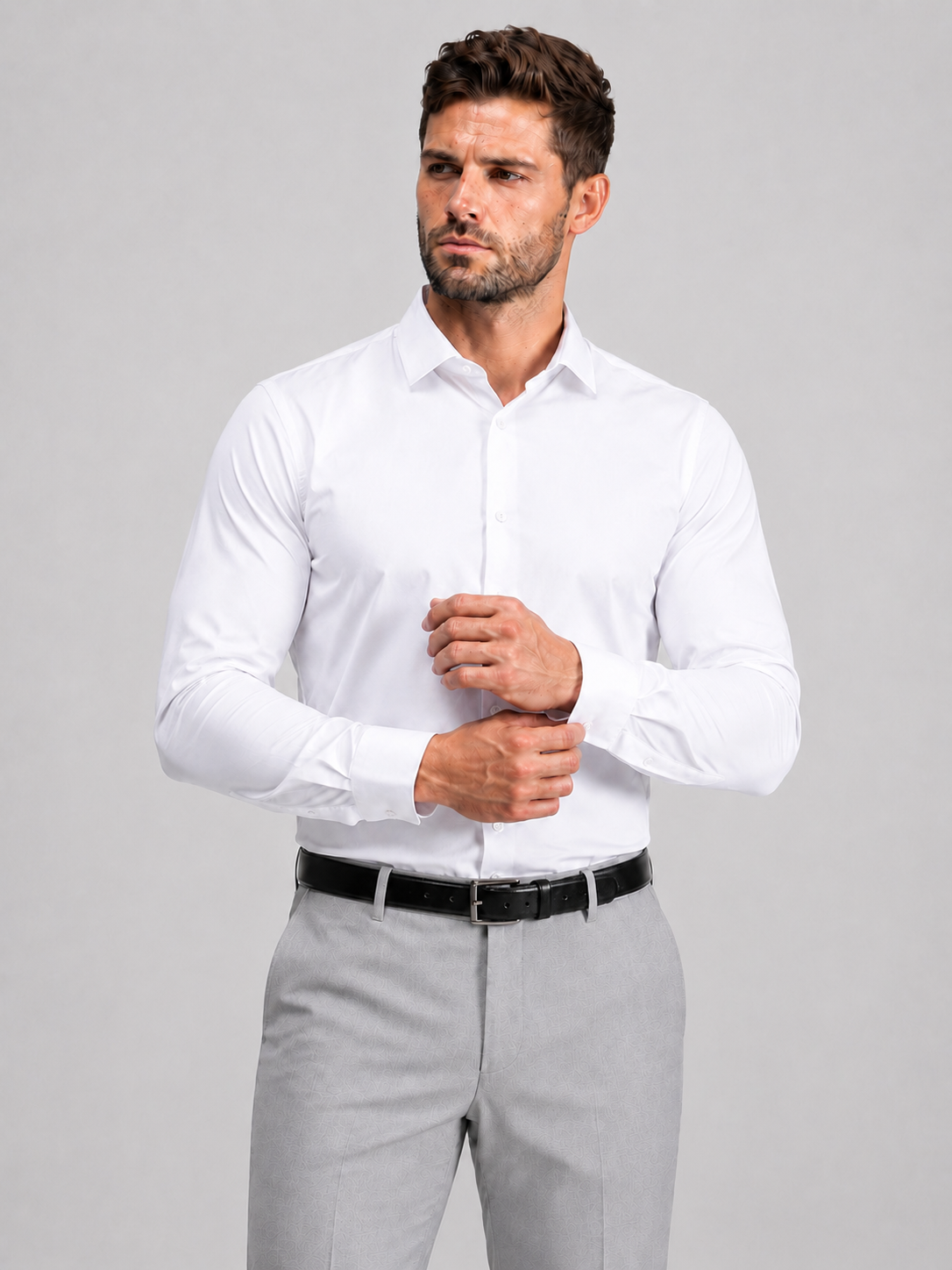 Flex Weave Shirt in Crisp White — collar and cuff detail, shirt tucked with a belt — image 6 of 6