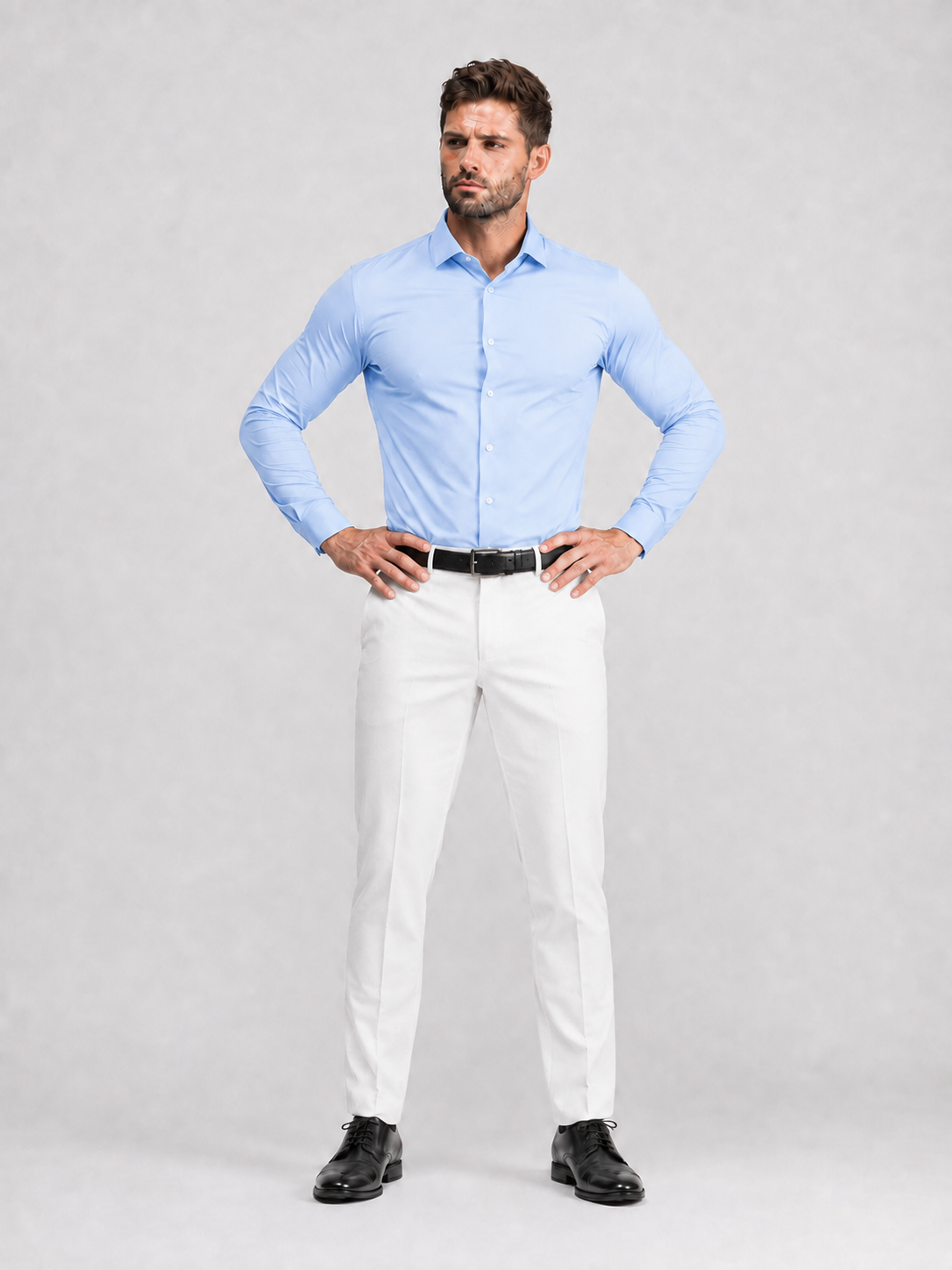 Flex Weave Shirt in Powder Blue — closer front view, shirt untucked — image 2 of 6