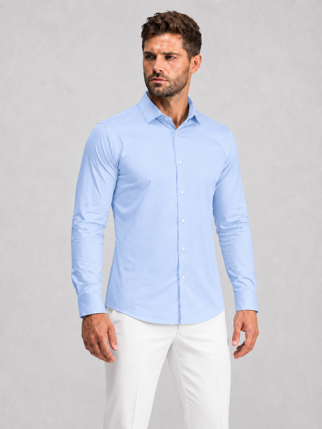 Flex Weave Shirt in Powder Blue — front view, hands on hips, shirt tucked with a belt — image 1 of 6