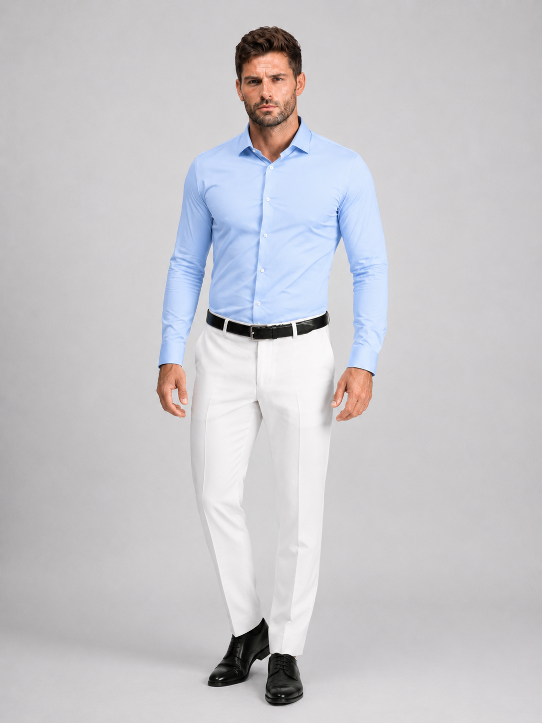 Flex Weave Shirt in Powder Blue — full-body front view, shirt tucked with a belt — image 4 of 6