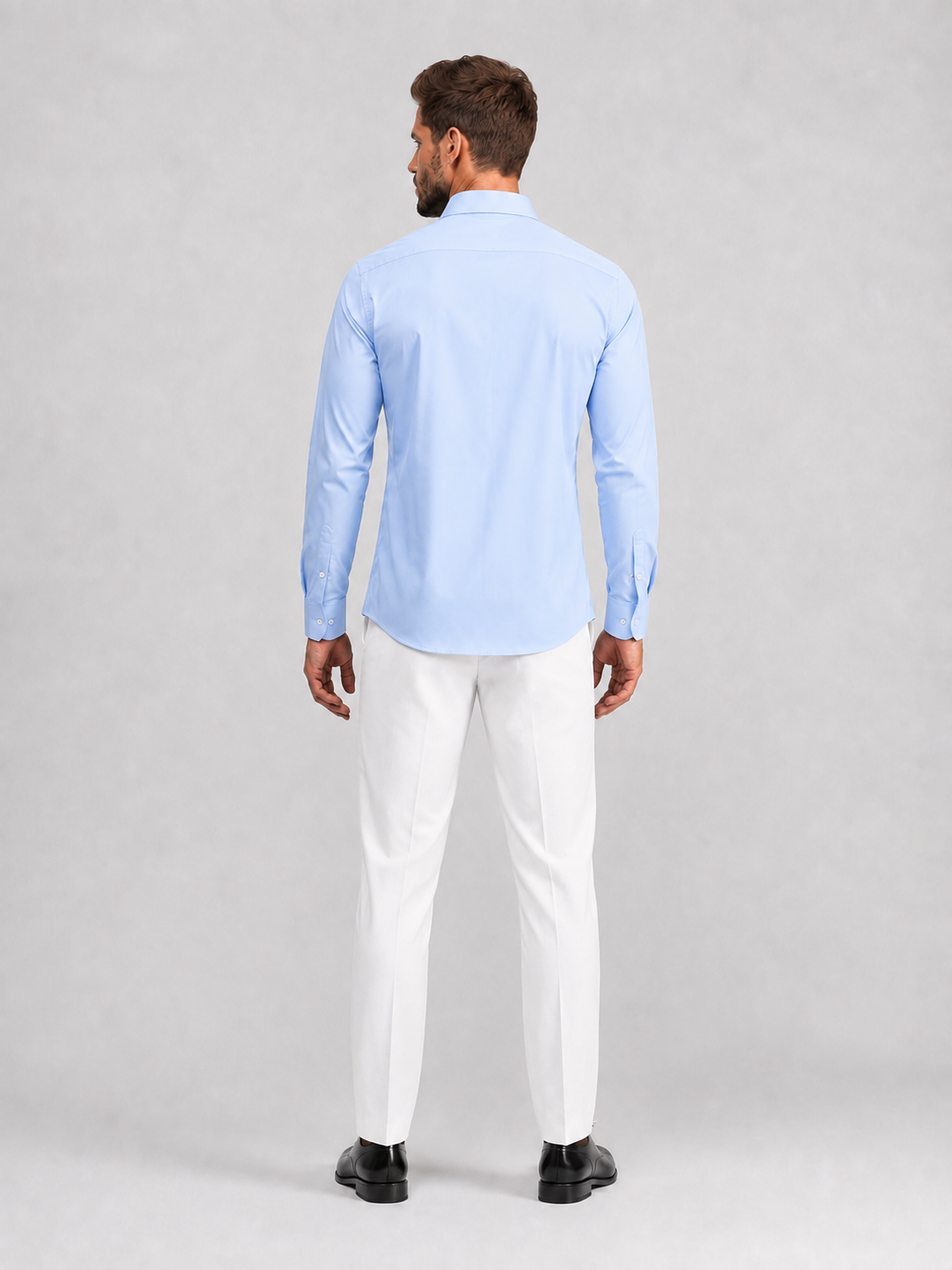 Flex Weave Shirt in Powder Blue — full-body rear view, shirt untucked — image 5 of 6