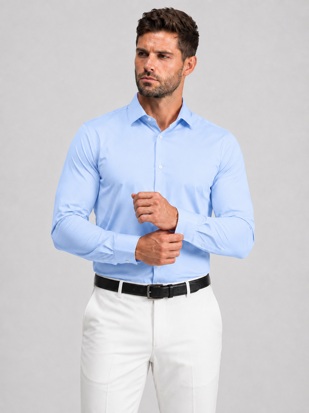 Flex Weave Shirt in Powder Blue — collar and cuff detail, shirt tucked with a belt — image 6 of 6