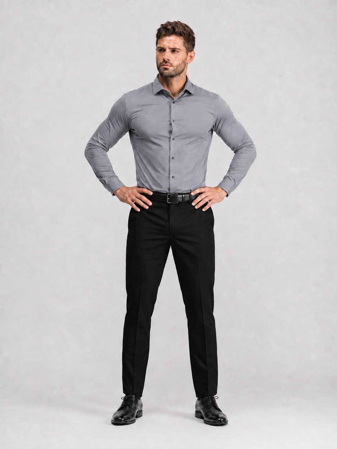 Flex Weave Shirt in Slate Grey — closer front view, shirt untucked — image 2 of 6