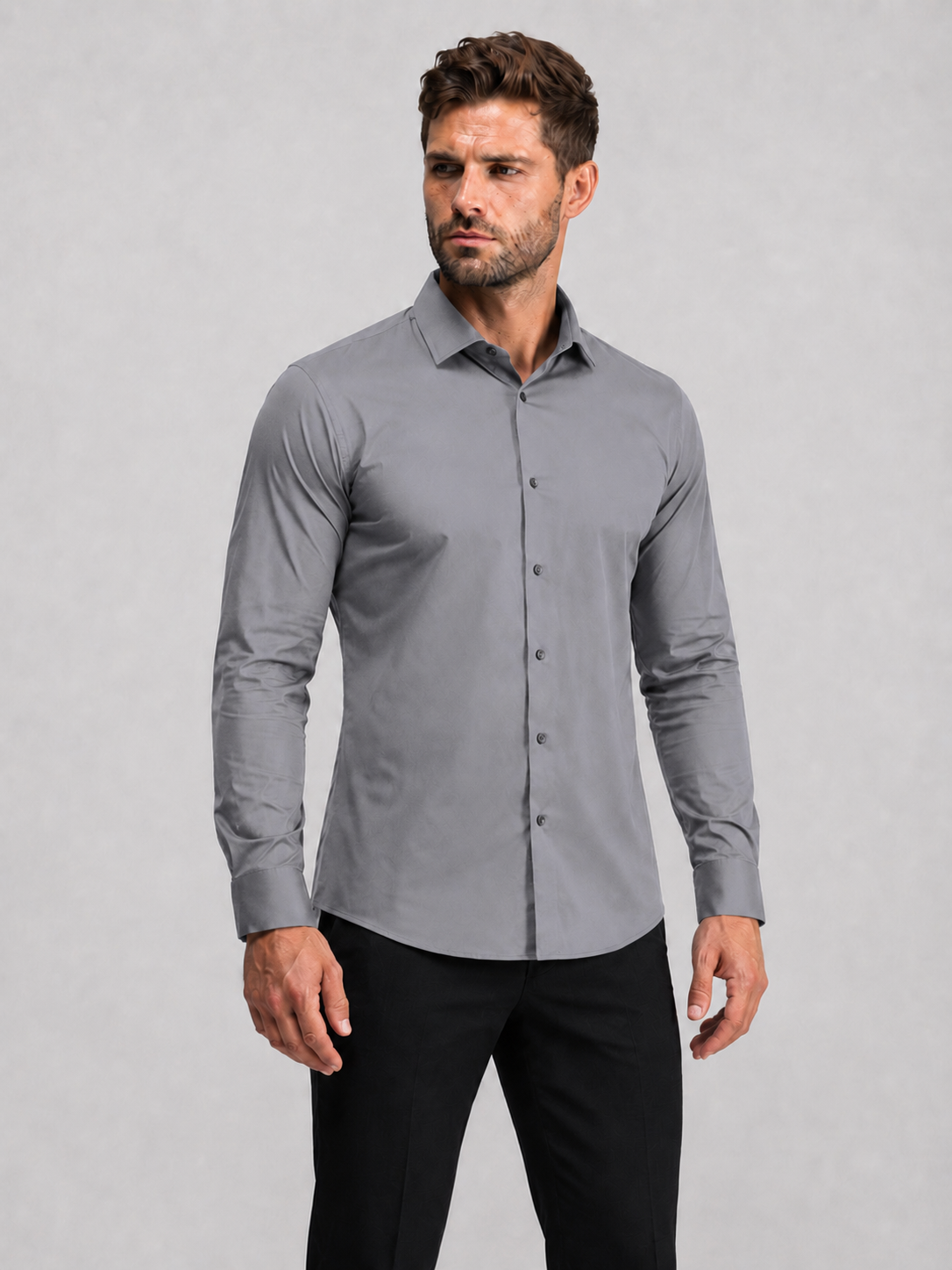 Flex Weave Shirt in Slate Grey — front view, hands on hips, shirt tucked with a belt — image 1 of 6
