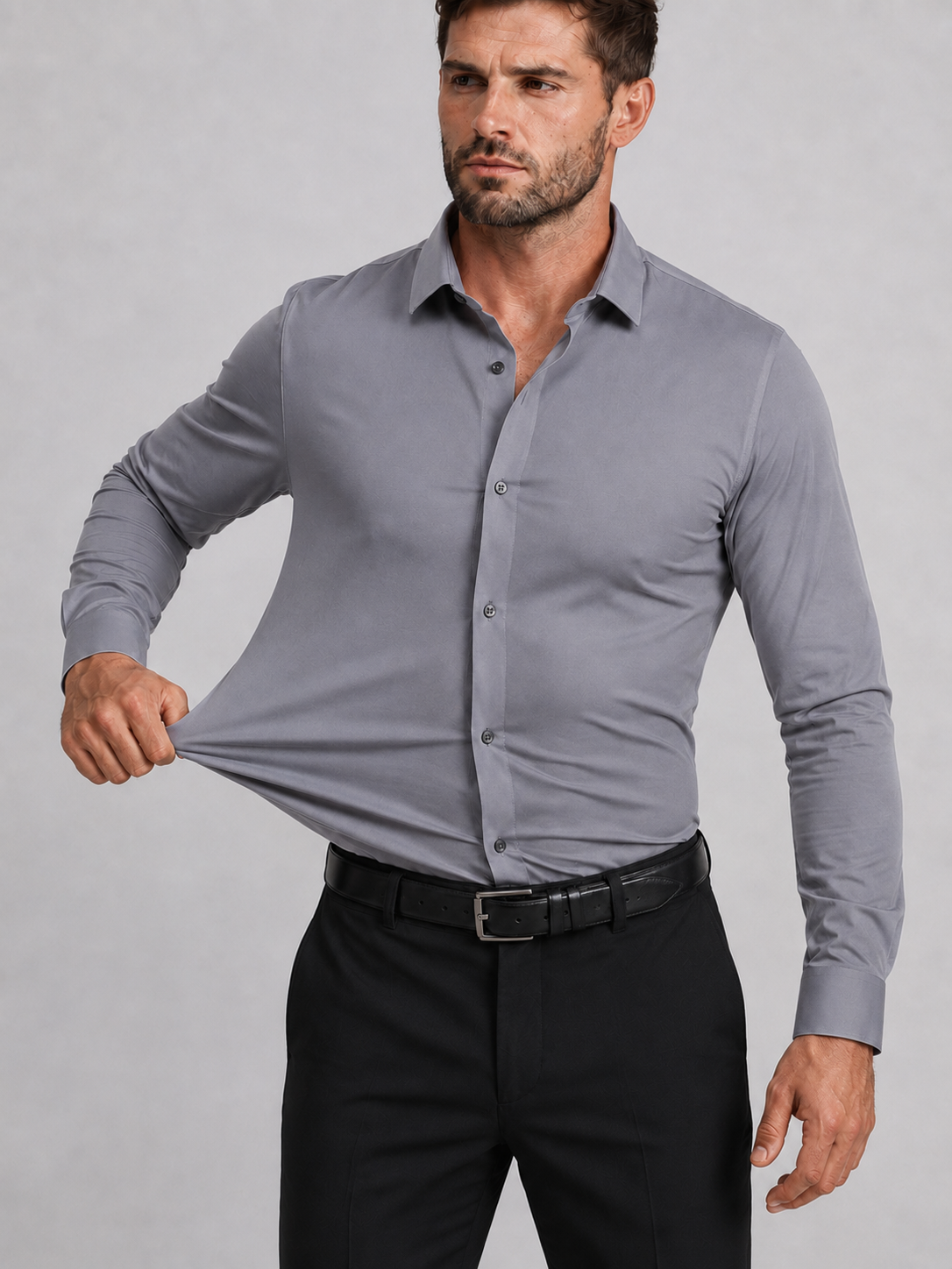 Flex Weave Shirt in Slate Grey — stretch demonstration — image 3 of 6