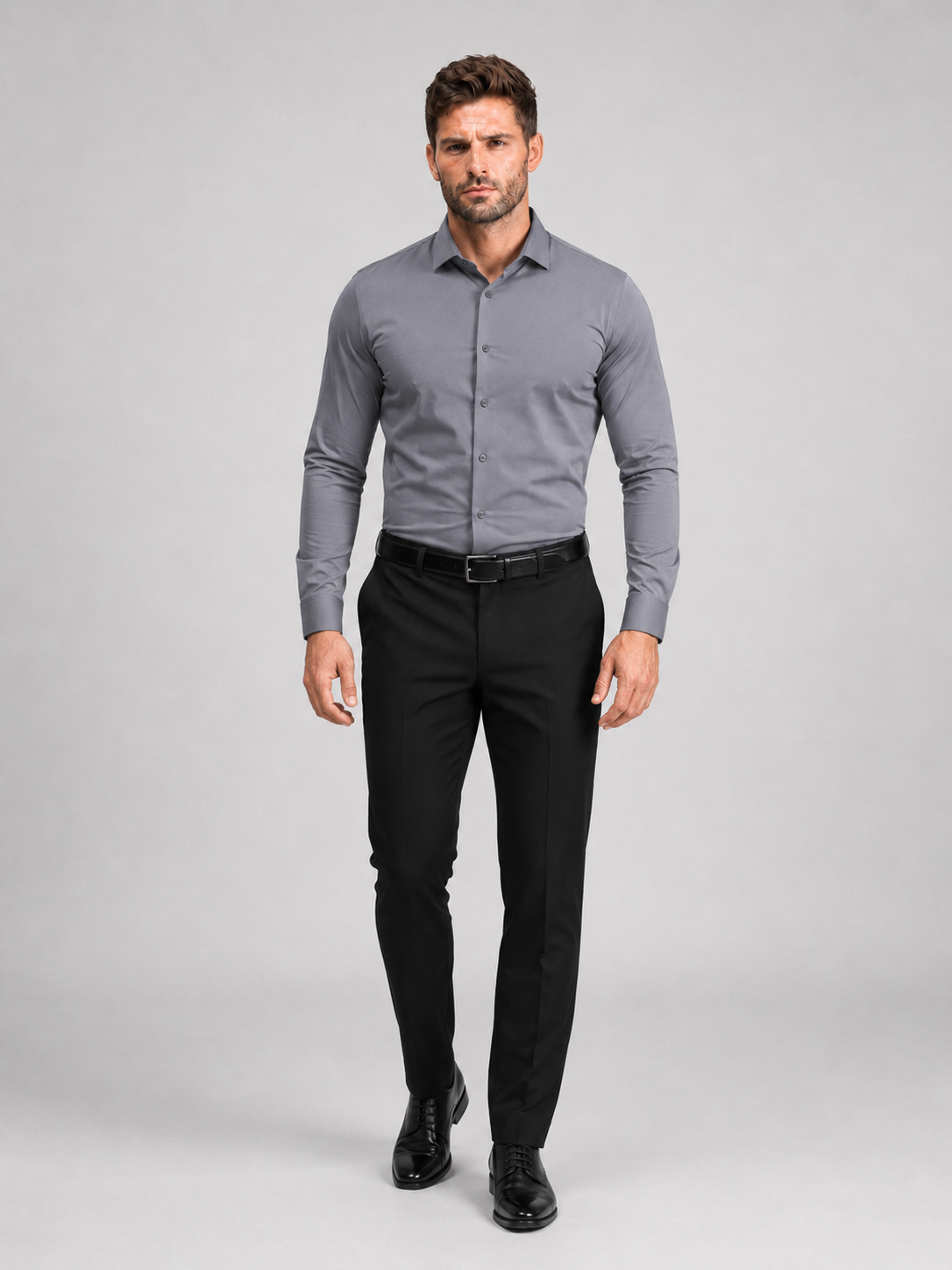 Flex Weave Shirt in Slate Grey — full-body front view, shirt tucked with a belt — image 4 of 6
