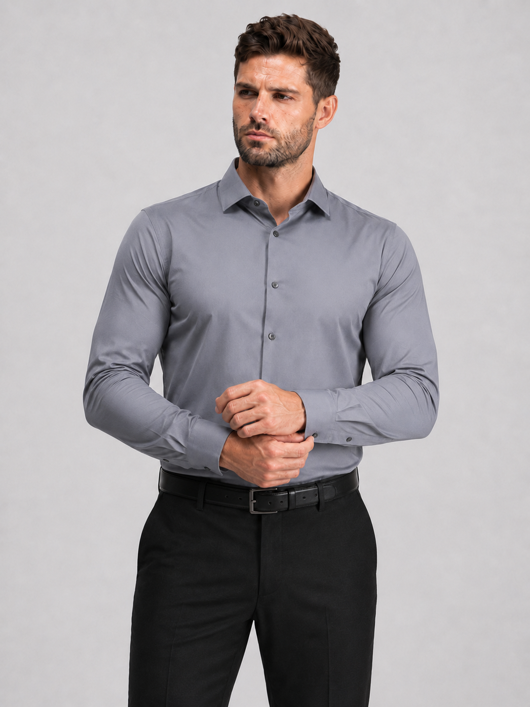 Flex Weave Shirt in Slate Grey — collar and cuff detail, shirt tucked with a belt — image 6 of 6