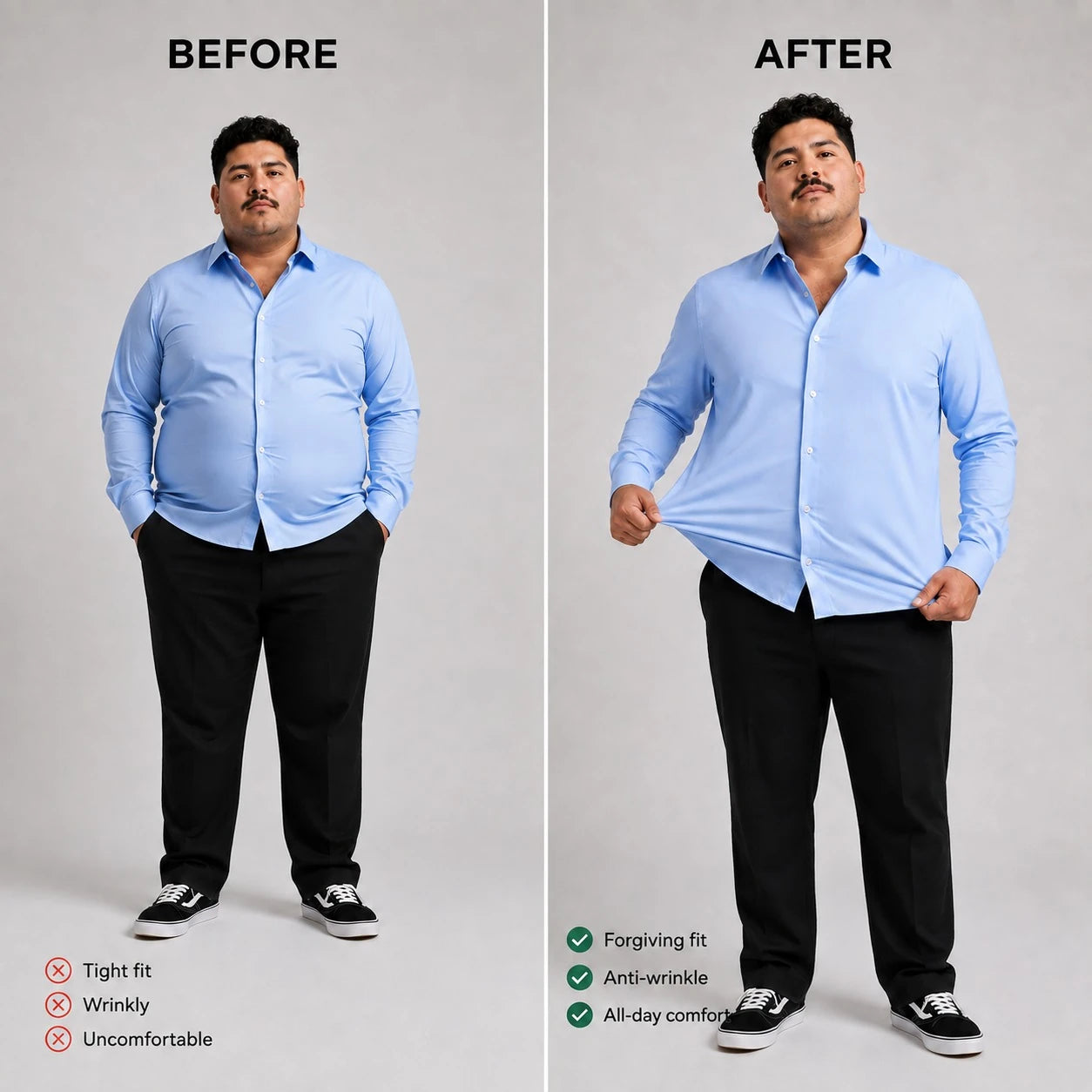 Before and after comparison showing the more flattering and comfortable fit of the SAVID Flex Weave Shirt