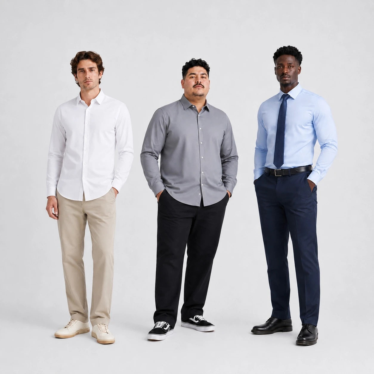 Three men with different builds styling SAVID dress shirts for casual, business and formal occasions